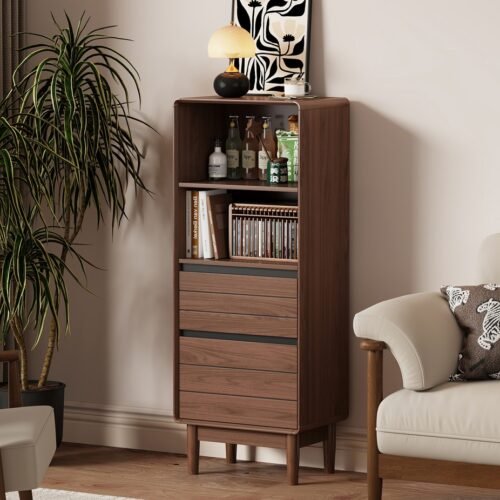 Tall Narrow Walnut Side Cabinet with Open Shelves for Living Room / Sofa Side