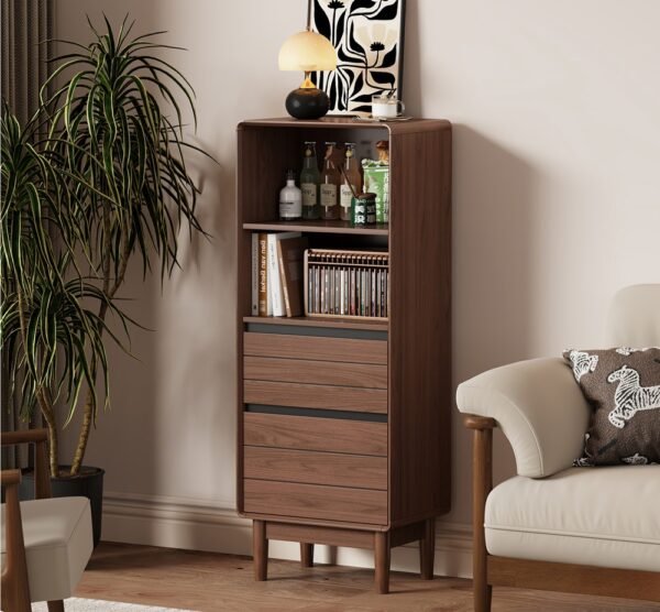 product1 Tall Narrow Walnut Side Cabinet with Open Shelves for Living Room / Sofa Side