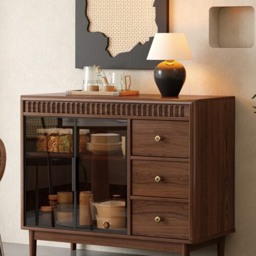 EH3051 Walnut Retro Sideboard Cabinet with Glass Doors & 3 Drawers for Dining Room