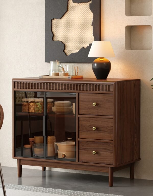 product1 EH3051 Walnut Retro Sideboard Cabinet with Glass Doors & 3 Drawers for Dining Room