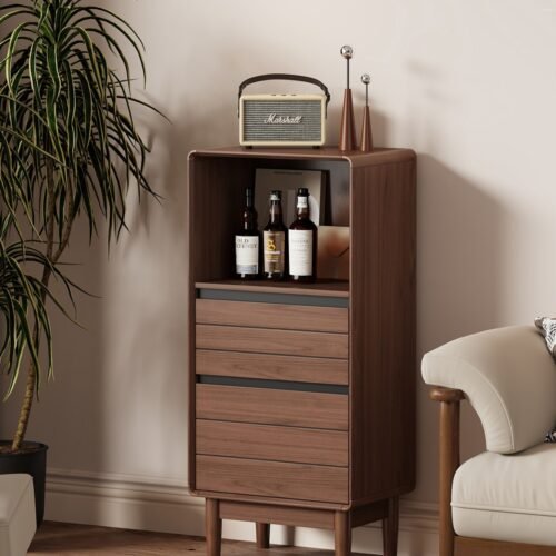 Short Narrow Walnut Side Cabinet with Open Shelf for Living Room Corner(ZG110)