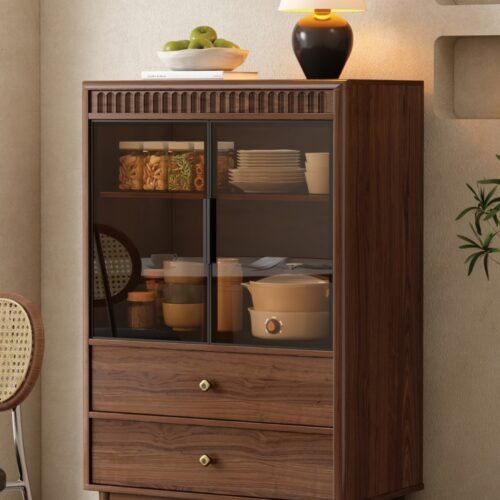 EH3050 Tall Walnut Retro Sideboard with Glass Display & 2 Drawers