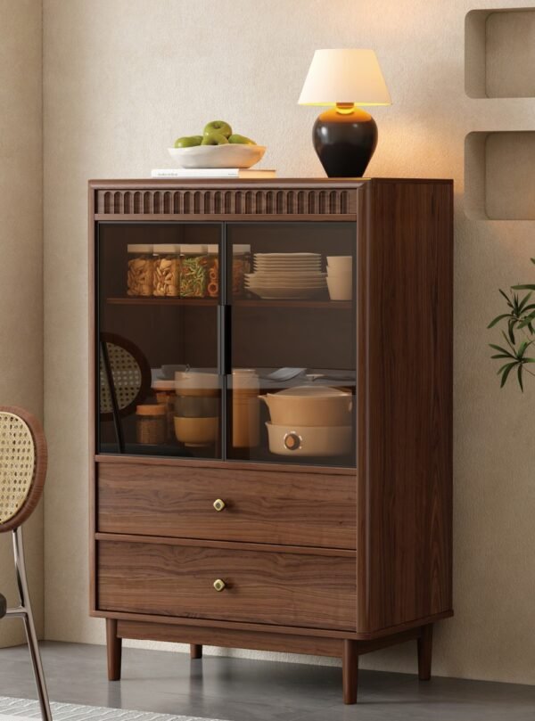 EH3050 Tall Walnut Retro Sideboard with Glass Display & 2 Drawers