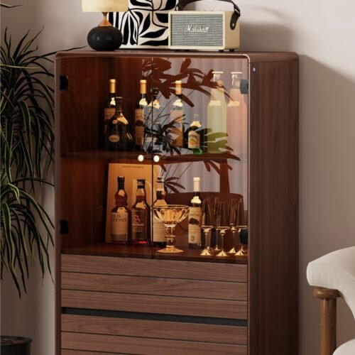 Glass Door Wine Cabinet with LED Light Walnut Bar Cabinet for Living Room（ZZG78）