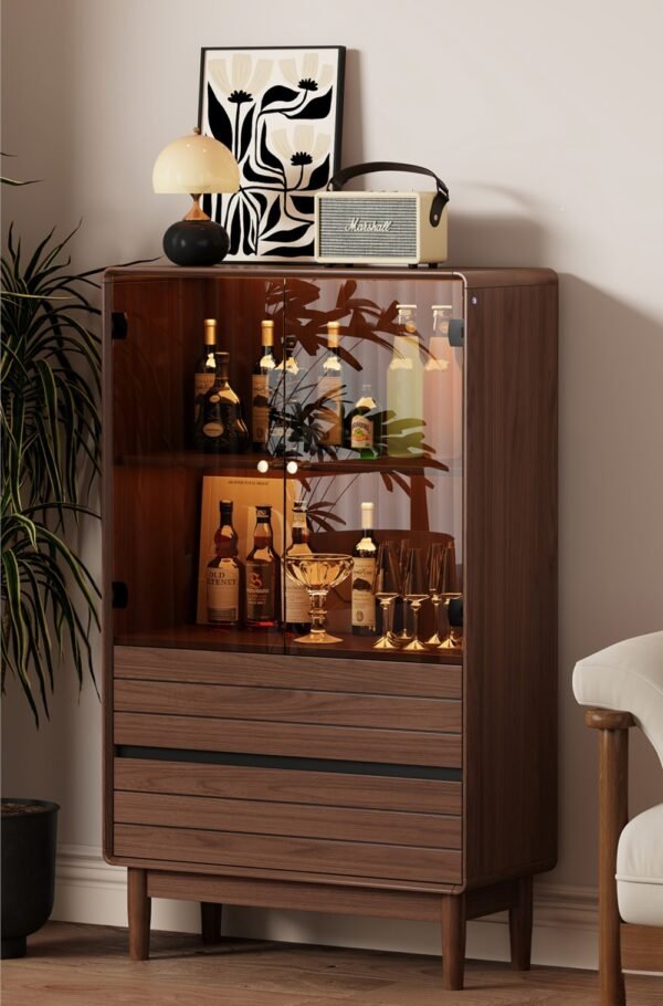 product3 Glass Door Wine Cabinet with LED Light Walnut Bar Cabinet for Living Room(ZZG78)