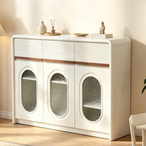 EH3082 Cream White Sideboard Cabinet with Arched Oval Glass Doors
