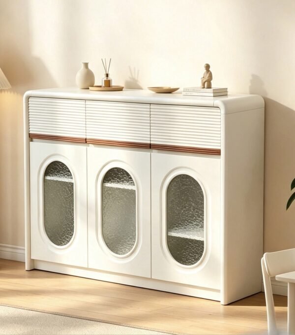 EH3082 Cream White Sideboard Cabinet with Arched Oval Glass Doors