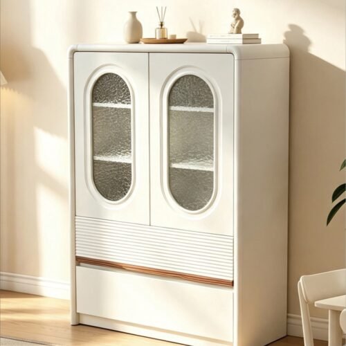 EH3080 Tall Cream White Sideboard Cabinet with Arched Oval Glass Doors
